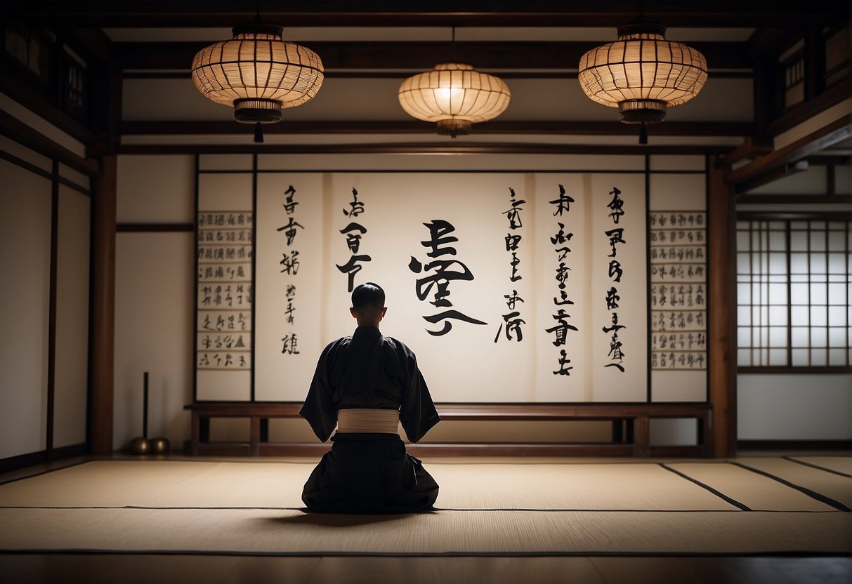 A serene dojo with a calligraphy scroll on the wall, depicting the words of Musashi's martial arts philosophy