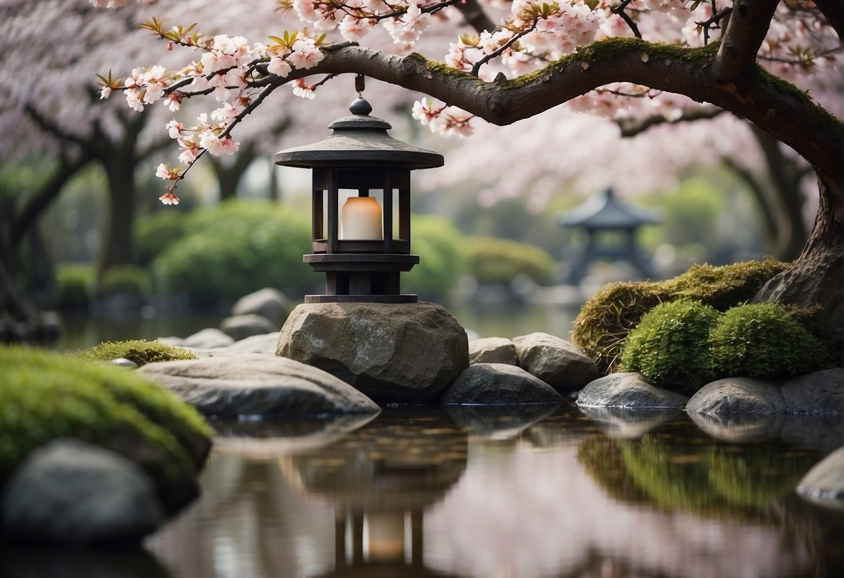 A serene garden with a traditional Japanese stone lantern, surrounded by cherry blossom trees and a flowing stream