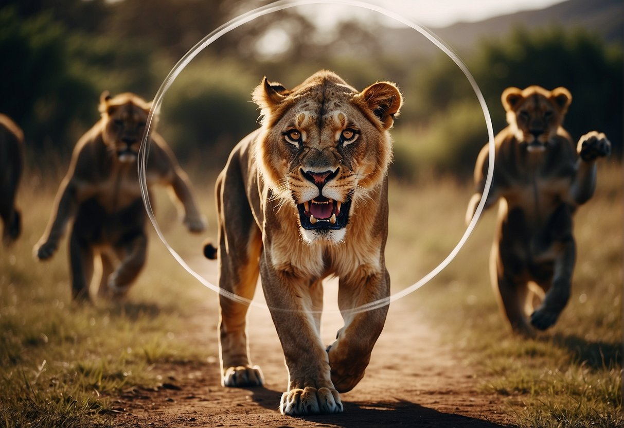 In a bold and confident stance, a lioness roars with determination, surrounded by a circle of fierce female symbols and empowering quotes