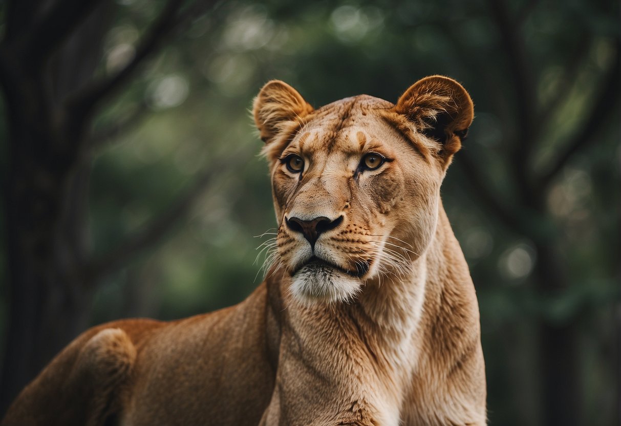 A confident lioness stands tall, surrounded by empowering quotes. Her posture exudes strength and self-assurance, reflecting personal development and alpha female energy